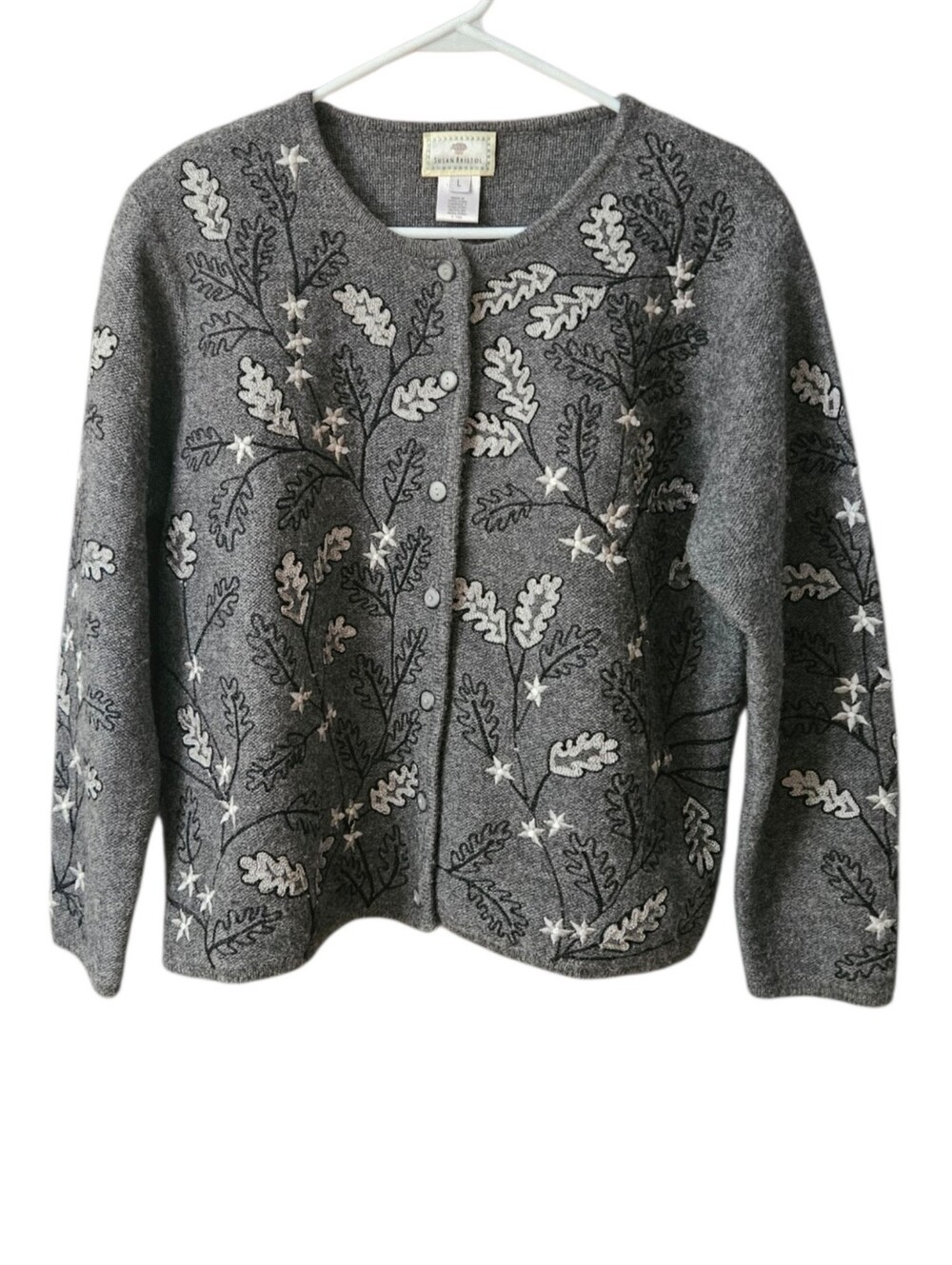 Vintage Susan Bristol Wool Cardigan Sweater Embroidered Leaves Women Large Gray